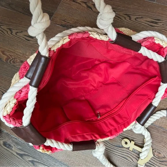 Red straw Cornhusk tote bag nautical stripes rope handles wood anchor - Picture 8 of 12